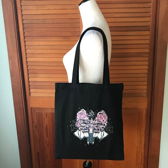 Gothic Lolita EGL Punk Pink & Black Rib Cage Roses & Bat Skelton Black Tote Bag - Picture 5 of 6